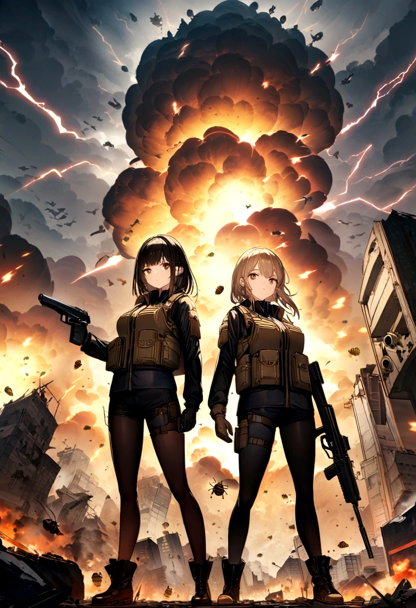 ((high qualiy)), ((work of art)), 8K, 2 girl, bulletproof vest, lightning strikes, extremely detailed CG unit 8k wallpaper, CG game, gazing at viewer, glove, booties, it&#39;s the whole body, clocks, computers, mask, male bee, holding gun, earbuds, blazer, (wallpaper city destroyed , explosions , smoke