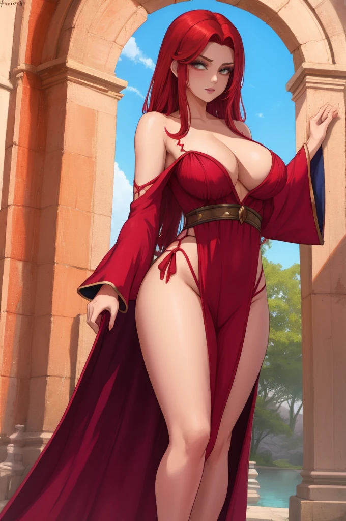 sorceress. sexy see-though robe, red hair, blank background