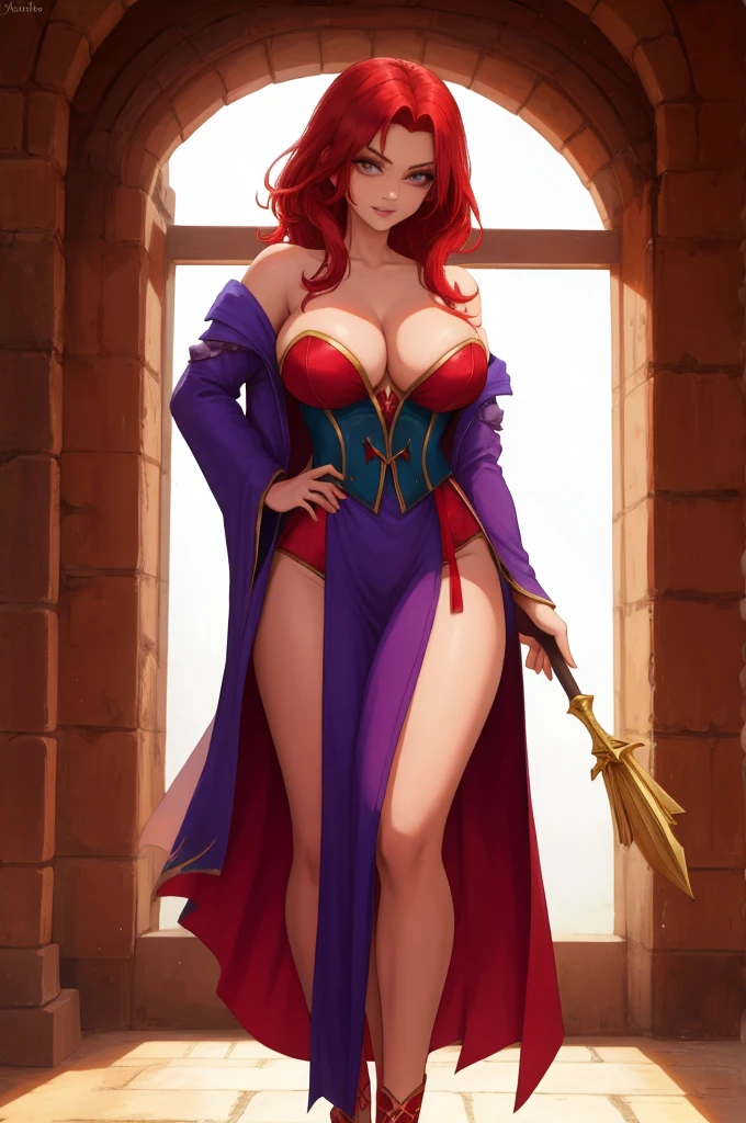 sorceress. sexy see-though robe, red hair, blank background