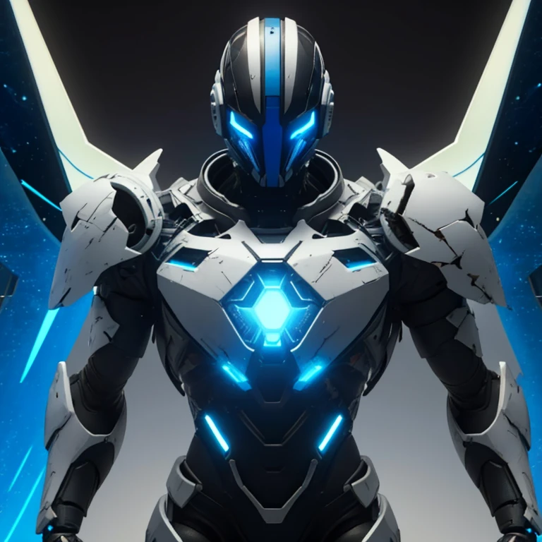 Dronificated unknown man in a badly damaged fully enclosed white latex fullbody suit with blue lights across the suit and star shaped glowing core in the chest, fully enclosed cyber helmet that cover his whole face and hides his identity with a blue screen that has a white star, muscular, strong, with mechanical open wings, flying in the sky, no face, no hair, no mouth, no eyes, (perfect anatomy), (full body) (pov from below), (damage), (rust), (broken visor)