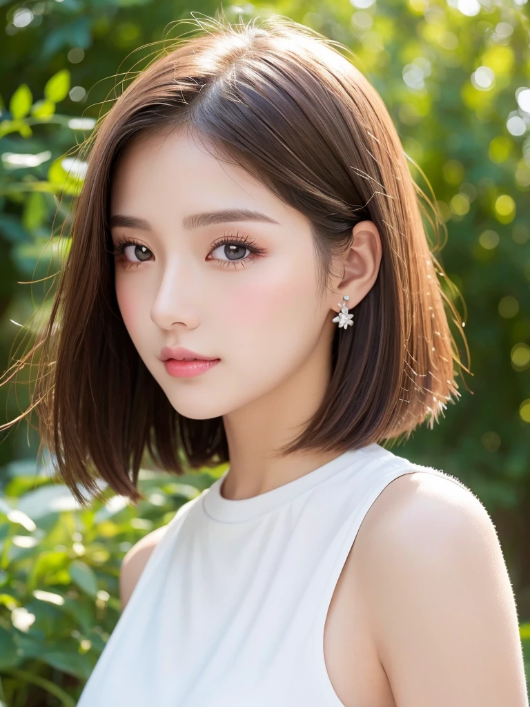 (Highest quality、Tabletop、8K、Best image quality、Award-winning works)、((profile:1.3))、ear、((short hair:1.1)),(Brown Hair)、(White casual summer clothes:1.2)、(The simplest pure white background:1.3)、(Perfectly fixed in front:1.1),(Portrait with space:1.3)、Beautiful and detailed、Perfect Makeup、Ultra-high definition beauty face、Ultra HD Hair、Ultra-high definition sparkling eyes、Ultra-high quality glossy lips、Accurate anatomy、Very beautiful skin、(Pure white skin shining in ultra-high resolution:1.1)、(Very bright:1.2),Big Natural Color Lip、Lip gloss,Harajuku、cute、cute美人、Twenty year old girl