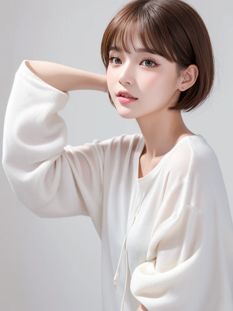 (Highest quality、Tabletop、8K、Best image quality、Award-winning works)、((profile:1.3))、ear、((short hair:1.1)),(Brown Hair)、(White casual summer clothes:1.2)、(The simplest pure white background:1.3)、(Perfectly fixed in front:1.1),(Portrait with space:1.3)、Beautiful and detailed、Perfect Makeup、Ultra-high definition beauty face、Ultra HD Hair、Ultra-high definition sparkling eyes、Ultra-high quality glossy lips、Accurate anatomy、Very beautiful skin、(Pure white skin shining in ultra-high resolution:1.1)、(Very bright:1.2),Big Natural Color Lip、Lip gloss,Harajuku、cute、cute美人、Twenty year old girl