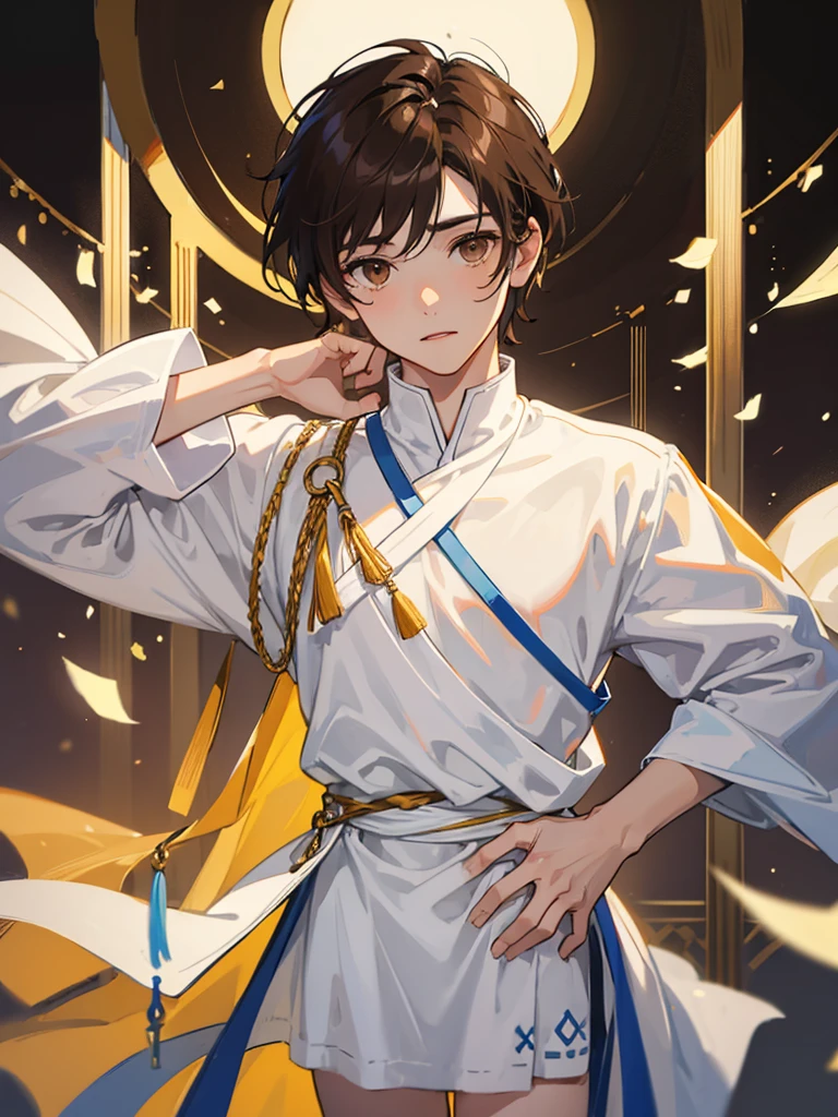 (((1male))), half body, facing viewer, short dark brown hair, brown eyes, cute, pretty, white Greek tunic, small penis,