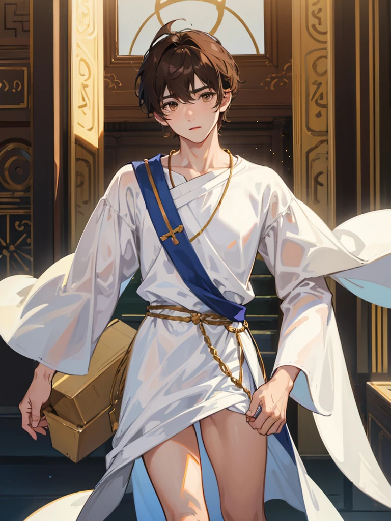 (((1male))), half body, facing viewer, short dark brown hair, brown eyes, cute, pretty, white Greek tunic, small penis,