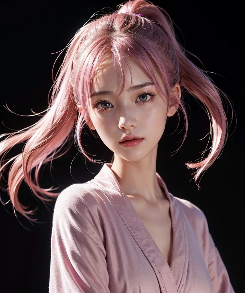 a beautiful girl,ponytail with bangs,pink hair,standing,looking at to the viewer,(Very Detailed: 1.3),ultra realistic,HDR,(High Dynamic Range),8K RAW,(((1GIRL))),(((wearing robe))),smilley face,(((black background))),masterpiece,best quality,perfect proportion