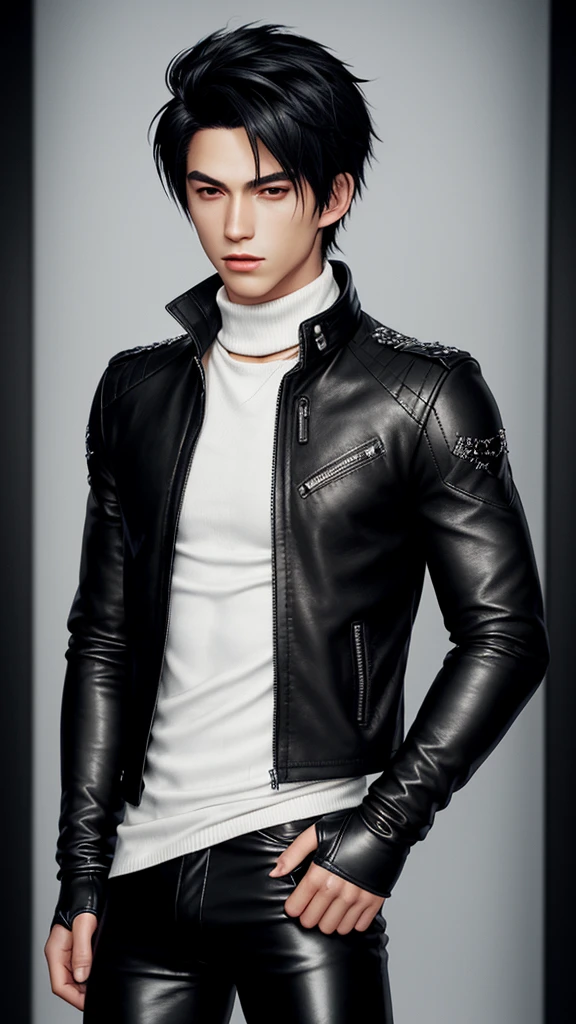 Final fantasy taste and reality graphics, Japanese young cute and cool ikemen boy, his age is early 20s, thin eyebrows and beady eyes, he wearing off white color leather thick singlebrest biker jacket, with epaulet, jacket zipped up, jacket is biker style, , jacket collar is high length stand-up collar with belts, jacket is a little black line pattern,close the front of the jacket, also wearing black thick turtleneck lackluster shirts, tight black leather pants, shiny black leather tight and thin glove, black leather knee-high raceup boots,views head-to-toe,views whole body, boy looks like fashion model,Do not show skin from the neck down,leather jacket leather glove and leather pants have few wrinkles,boy in the room,
