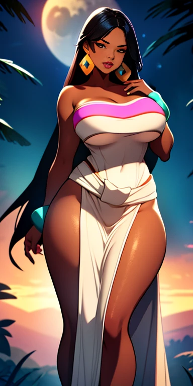 Beautiful girl with big breasts and perfect detailed thighs with high resolution 12k image 1.2 full body, slender, stunning background view , stars, sunset full moon and pre-Hispanic structures