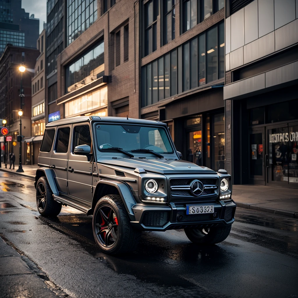 Mercedes G63 2023, black, car with a wide body kit, stance, large black wheels, wide body kit, lowered suspension, low-profile tires, fully tinted car windows, standing near a store with soft toys, clear day, gray sky, reflections of light, a little dusty lens, street style, art design, ultra high detail, realism, cold light, downtown New York, slightly wet asphalt, realistic light, impressive lighting, shot with a wide-angle camera iPhone 15 pro, fish eye, grunge style