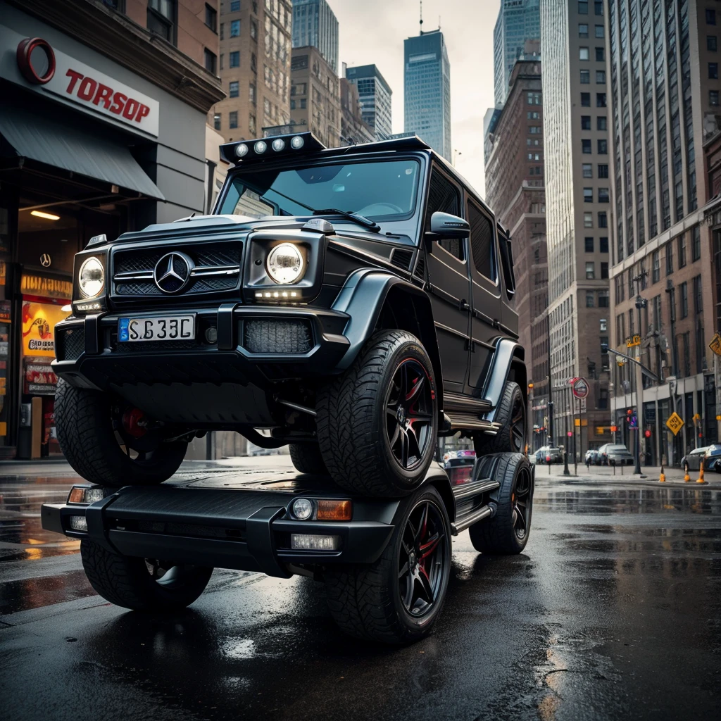 Mercedes G63 2023, black, car with a wide body kit, stance, large black wheels, wide body kit, lowered suspension, low-profile tires, fully tinted car windows, standing near a store with soft toys, clear day, gray sky, reflections of light, a little dusty lens, street style, art design, ultra high detail, realism, cold light, downtown New York, slightly wet asphalt, realistic light, impressive lighting, shot with a wide-angle camera iPhone 15 pro, fish eye, grunge style