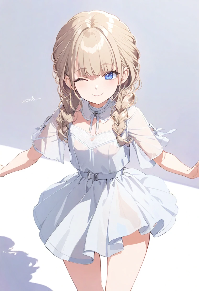 (masterpiece), (best quality), perfect face, beautiful girl, white background background, delicate and beautiful face and eyes, dark intense shadow, 
1 girl, vtuber style, cool girl, kotone, dress, small chest, winking, smile, body visible through clothes, chest visible through clothes, ass visible through thighs, (full body), looking at viewer, standing, 