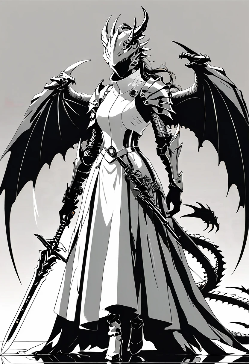 engineering drawing, thin line pen drawing, dark, futuristic silhouette of white dragon cyborg girl, full body, long flowing coat, holding giant greatsword with mechanical gimmick blade, standing on reflective surface against minimalist light grey background