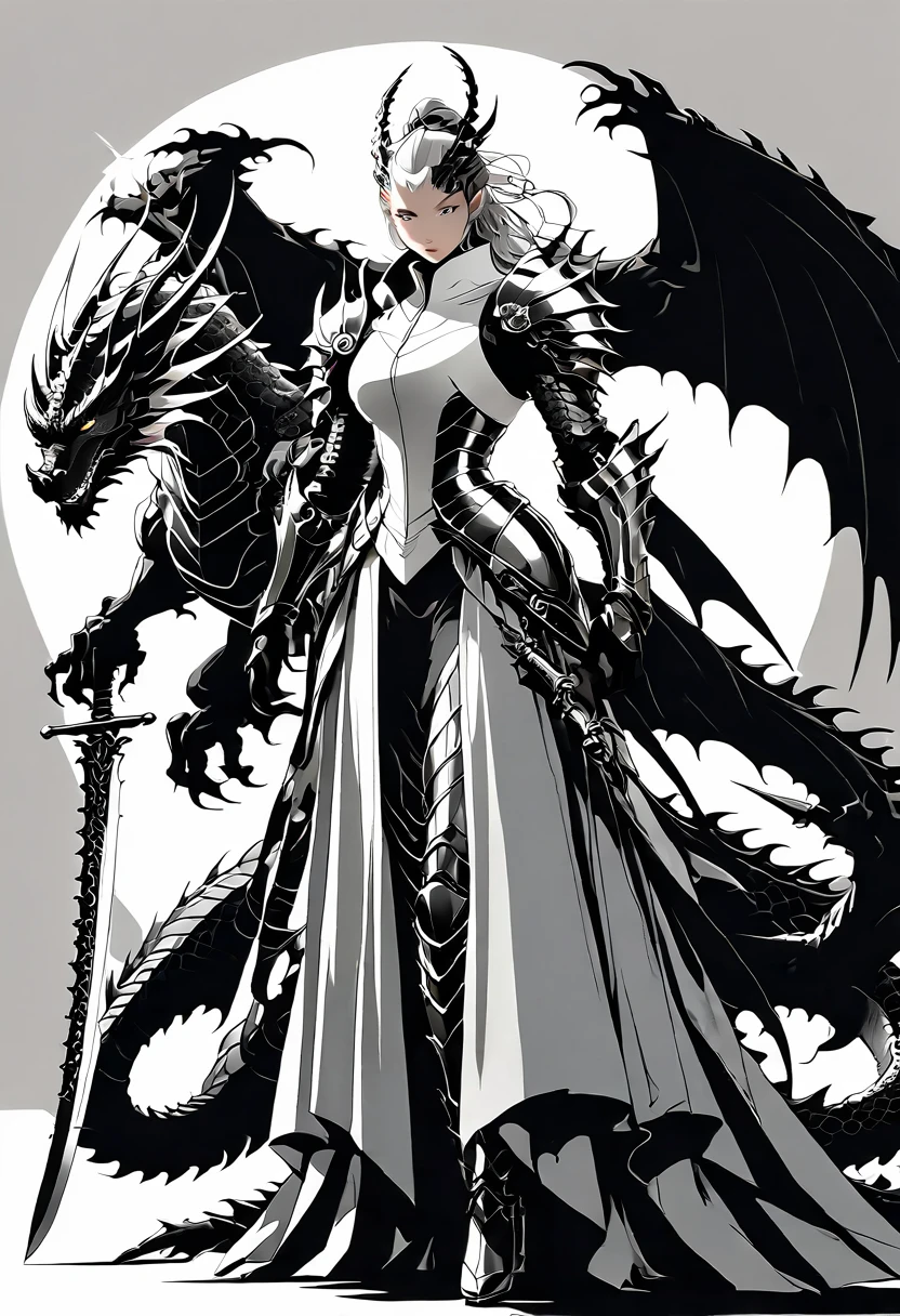 engineering drawing, thin line pen drawing, dark, futuristic silhouette of white dragon cyborg girl, full body, long flowing coat, holding giant greatsword with mechanical gimmick blade, standing on reflective surface against minimalist light grey background