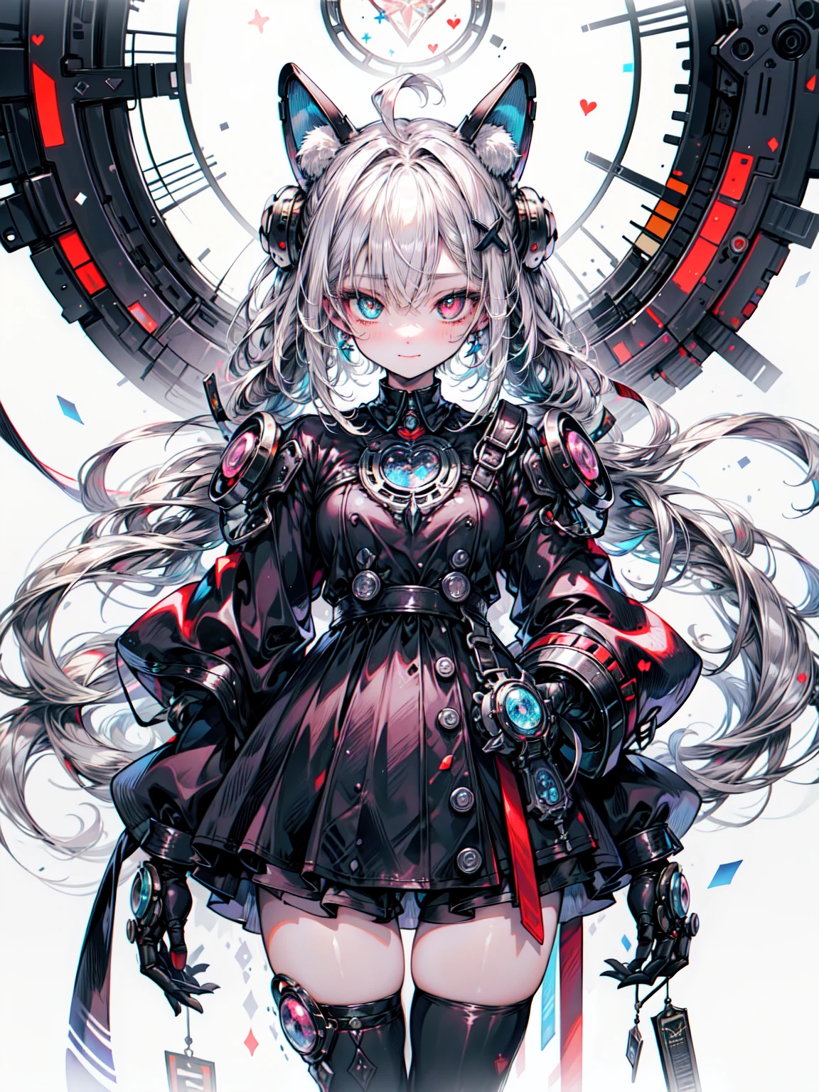 Highest quality, Highest quality, 16K, Unbelievably absurd, Very detailed, delicate and dynamic, A stained glass kaleidoscope made of gemstones of different colors, Mechanical Mechanism, Clockwork Machine, and gear mechanism, A monochrome girl peering into it, (Heterochromia iridis, Star-shaped pupil, Heart-shaped pupils), Lighting Effects, Prism Effect, Mirror Effect, Rainbow World Artwork、Cowboy Shot 、Machinery Armor、Blake、（Dark Elf), (1 Girl), alone, Perfect Face, Get used to it, Ahoge, ((Long Hair:1.2)), (Hair above one eye:1.3), [[Messy Hair]], Shiny blonde white hair, Purple eyes, Variegated eyes, Colorful Hair, Shining Eyes, (eyelash, eye shadow, pink eye shadow), bright, smile, Design Art：Haruhiko Mikimoto, by Kawashi, By Yoshitaka Amano