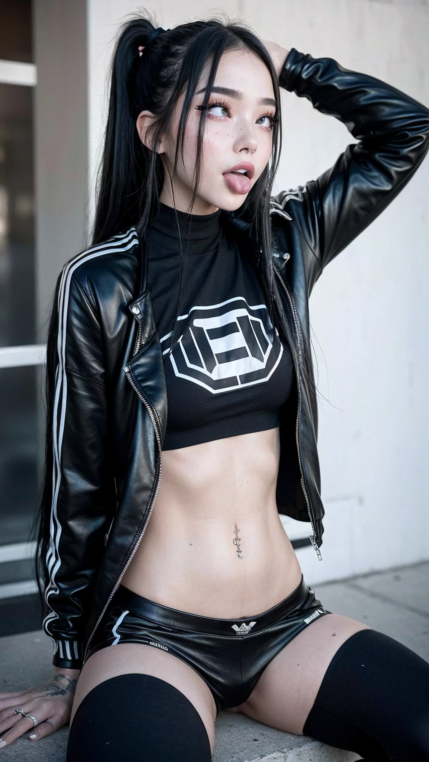 A beautiful girl with long hair, full body shot of an extremely beautiful Korean supermodel with long hair, Kpop idol aesthetic, cinematic style, creating beautiful shadows that highlight details.,,in, fashion magazine cover, posing for the camera, street style photo, ultrarealistic photography, wearing black cropped tshirt and oversized jacket