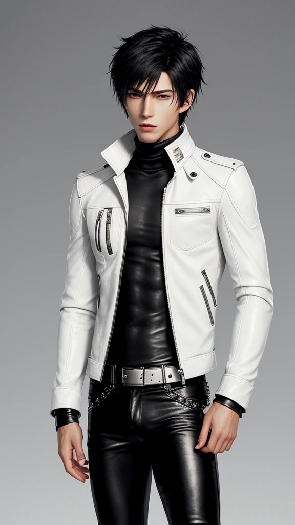 Final fantasy taste and reality graphics, Japanese young cute and cool ikemen  boy, his age is early 20s, thin eyebrows and beady eyes,  he wearing off white color leather thick singlebrest biker jacket, with epaulet,  jacket zipped up, jacket is biker style, , jacket collar is high length stand-up collar with belts, jacket is a little black line pattern,close the front of the jacket, also wearing black thick turtleneck lackluster shirts,  tight black leather pants, shiny black leather tight and thin glove, black leather knee-high raceup boots,views  head-to-toe,views whole body, boy looks like fashion model,Do not show skin from the neck down,leather jacket leather glove and leather pants have few wrinkles,boy in the room,