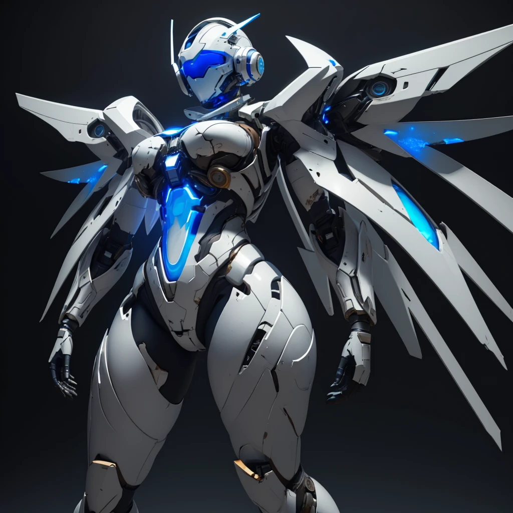 Dronificated unknown woman in a badly damaged fully enclosed white latex fullbody suit with blue lights across the suit and star shaped glowing core in the chest, fully enclosed cyber helmet that cover her whole face and hides her identity with a blue screen that has a white star, huge breast, narrow waist, wide hips and thick thighs, Mechanical open wings, flying in the sky, no face, no hair, no mouth, no eyes, (perfect anatomy), (full bo(perfect anatomy), (full body) (pov from below), (damage), (rust), (broken visor)