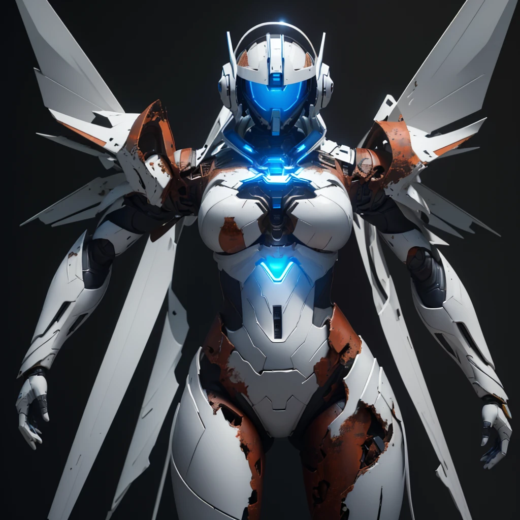 Dronificated unknown woman in a badly damaged fully enclosed white latex fullbody suit with blue lights across the suit and star shaped glowing core in the chest, fully enclosed cyber helmet that cover her whole face and hides her identity with a blue screen that has a white star, huge breast, narrow waist, wide hips and thick thighs, Mechanical open wings, flying in the sky, no face, no hair, no mouth, no eyes, (perfect anatomy), (full bo(perfect anatomy), (full body) (pov from below), (damage), (rust), (broken visor)