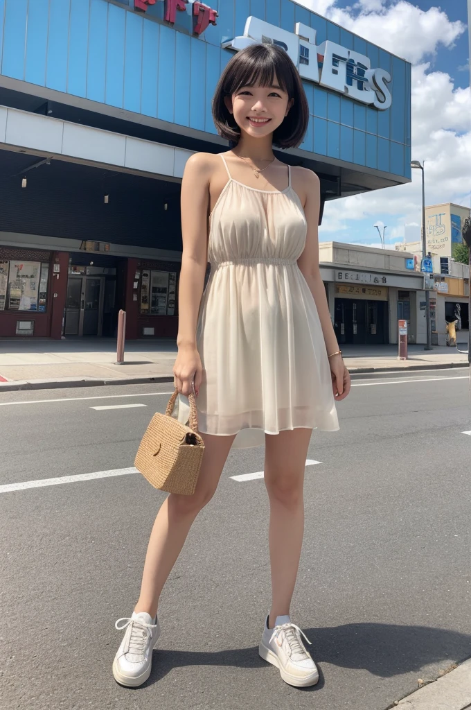 Camisole dress、Sheer tops、Bob Hair、sneakers、smile、movie theatre、