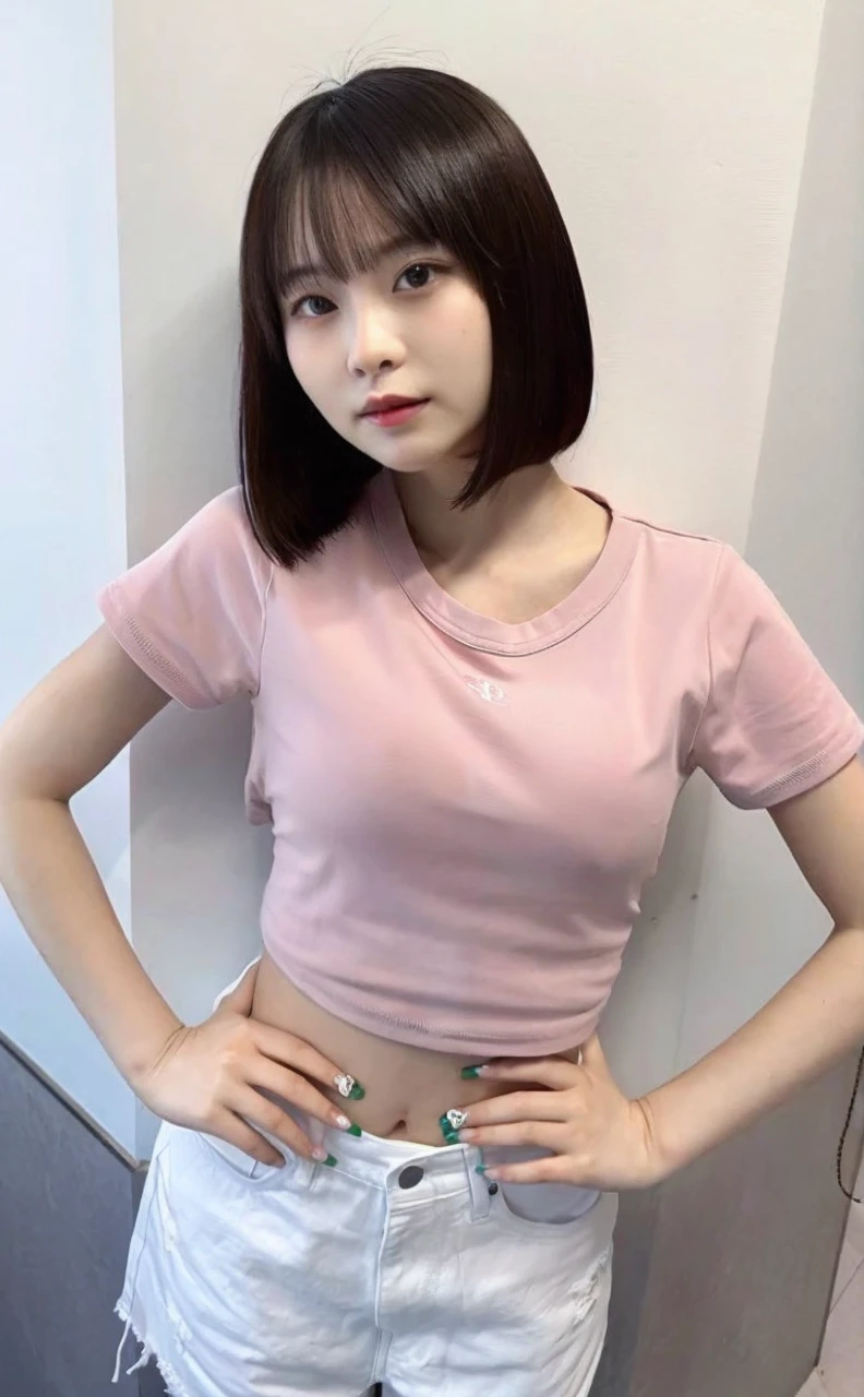 8K, high resolution, masterpiece, photorealistic,Tight T-shirt,A T-shirt that shows off your bust, Large Breasts, Big Tits, Patsy T-shirt, Pink small t-shirt, Accentuates the bust line clearly、 Accentuate your breasts, Very swollen breasts, K-Cup, Tシャツから胸の形が分かるほどにLarge Breasts