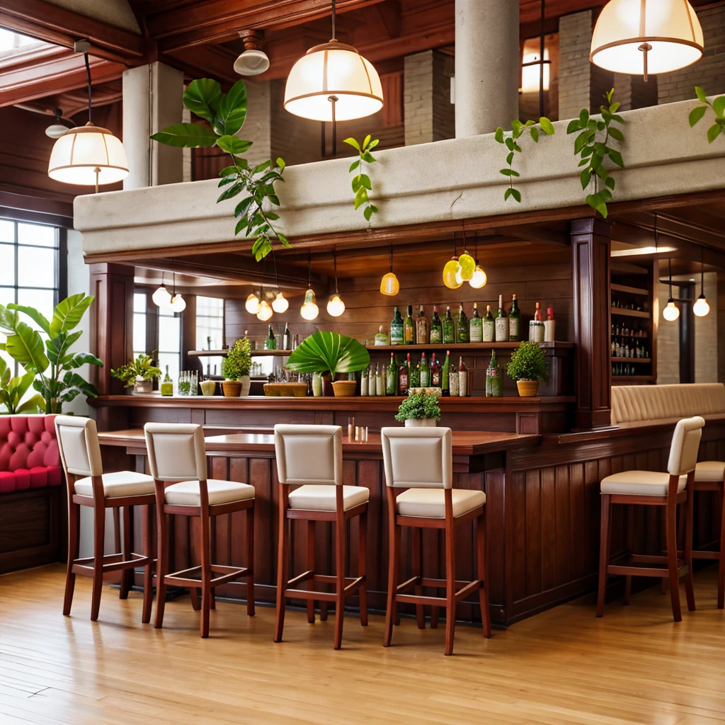 3D graphics, like in a game Interior of the restaurant with three columns in the center, a pair of large tables with soft chairs in light colors and wooden floor and a bar with plants