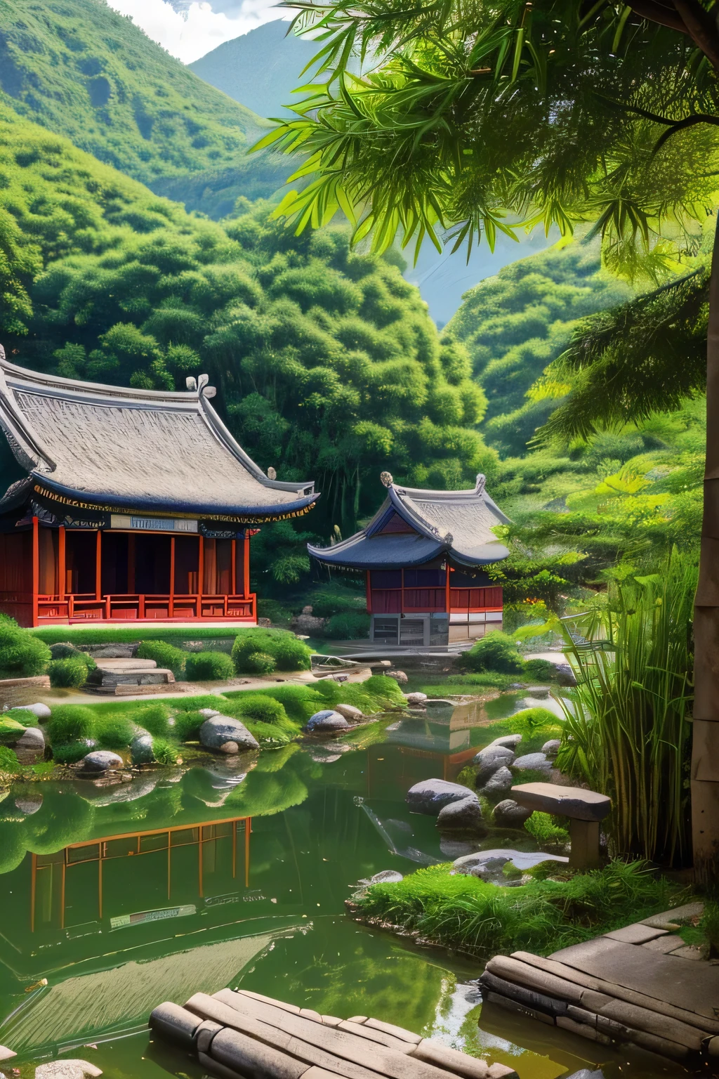 A traditional Chinese village in the Northern Song dynasty, a quaint and serene landscape with thatched-roof houses, cobblestone pathways, elderly villagers in traditional clothing, lush bamboo groves, a winding stream, ducks swimming peacefully, sunlight filtering through the trees, a small wooden bridge, a humble temple in the distance, an overall tranquil and idyllic atmosphere, (best quality,4k,8k,highres,masterpiece:1.2),ultra-detailed,(realistic,photorealistic,photo-realistic:1.37),cinematic lighting,vibrant colors,intricate details,traditional Chinese architecture,ancient Chinese village,Northern Song dynasty,peaceful rural landscape,idyllic countryside scene
