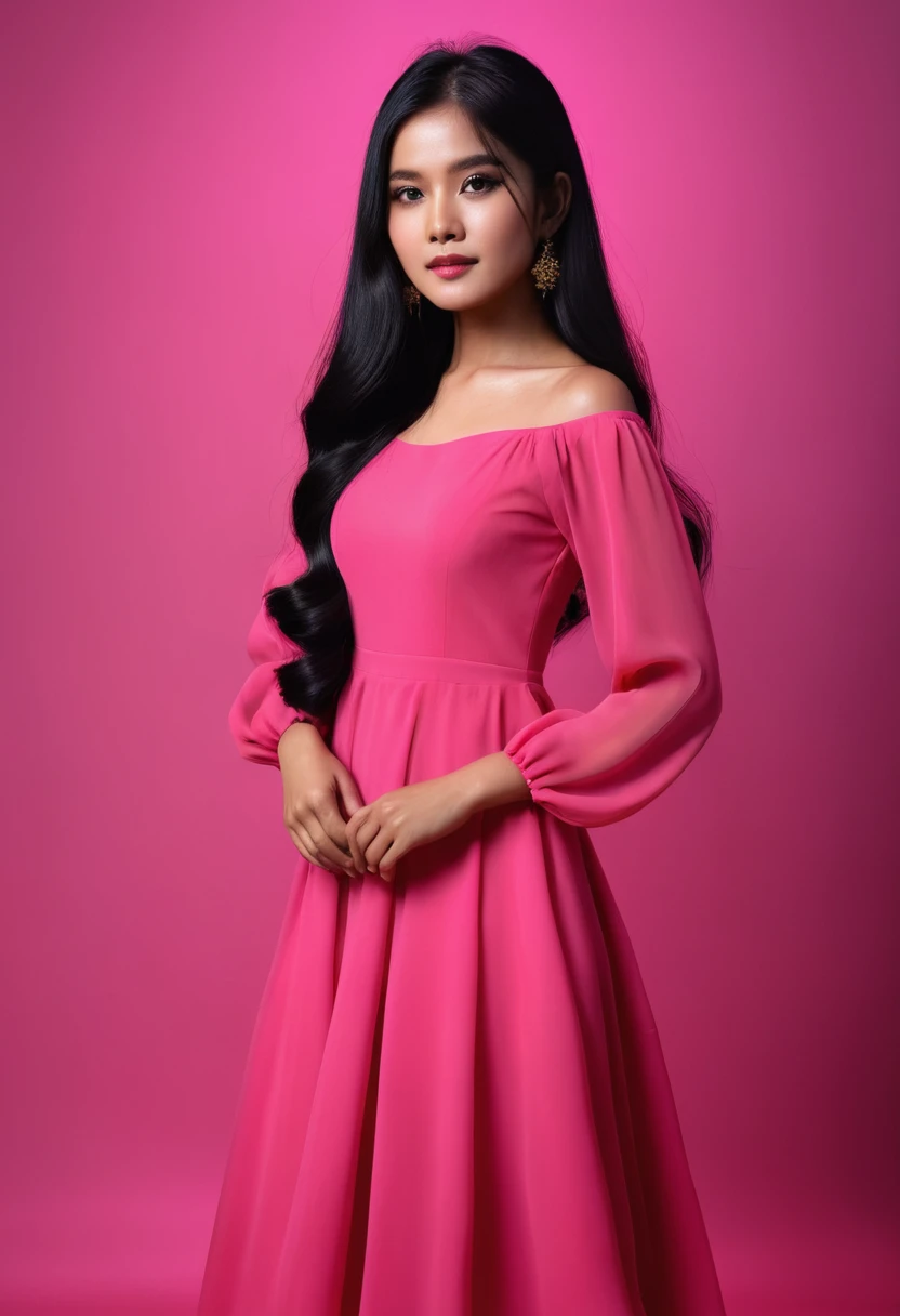 Indonesian girl with long black hair, wearing a pink dress, black, red, dark light yellow background