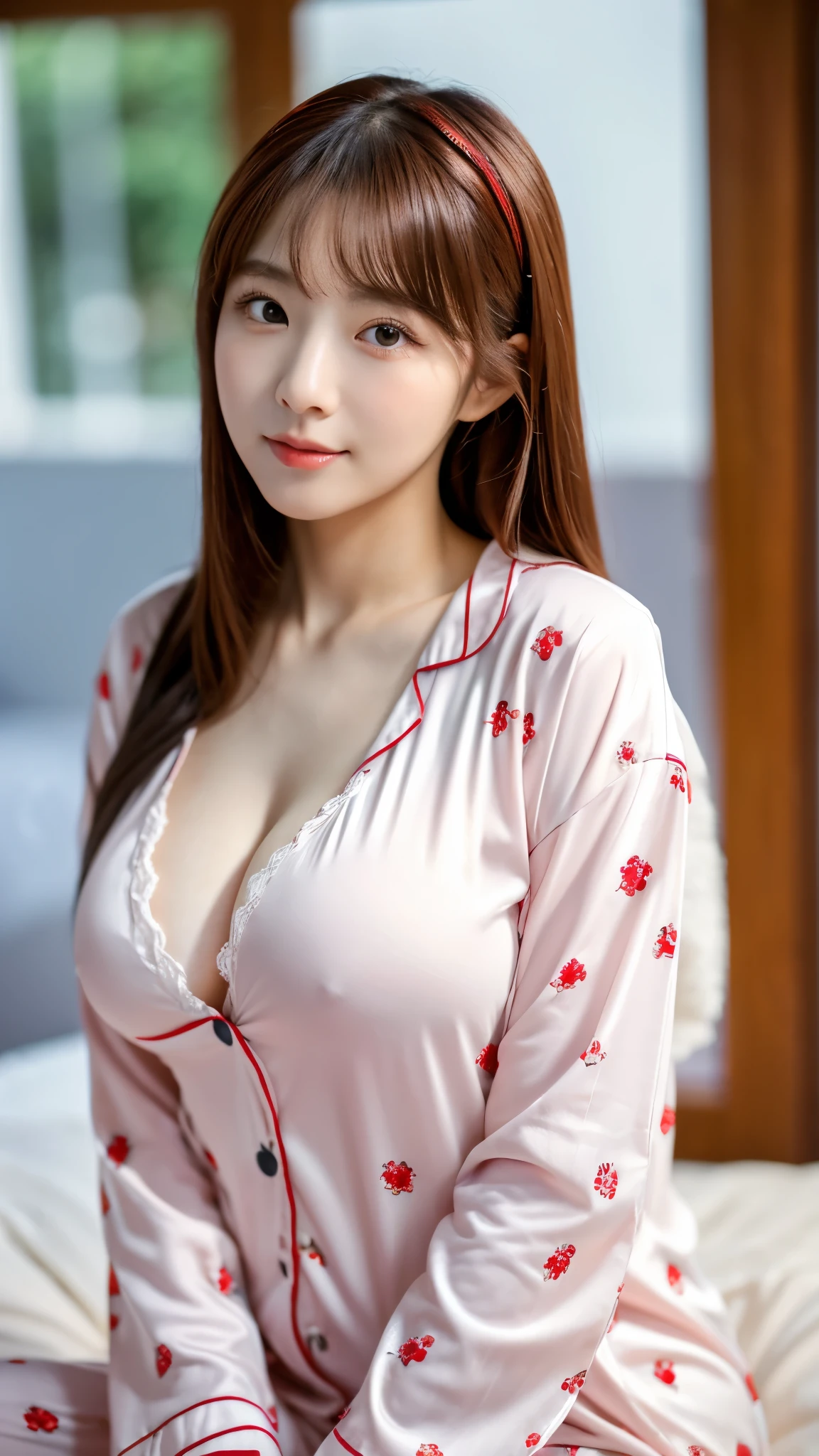 close-up of beautiful korean female, 34 inch breasts size, wearing pyjamas, with milk glass, bokeh background, UHD 