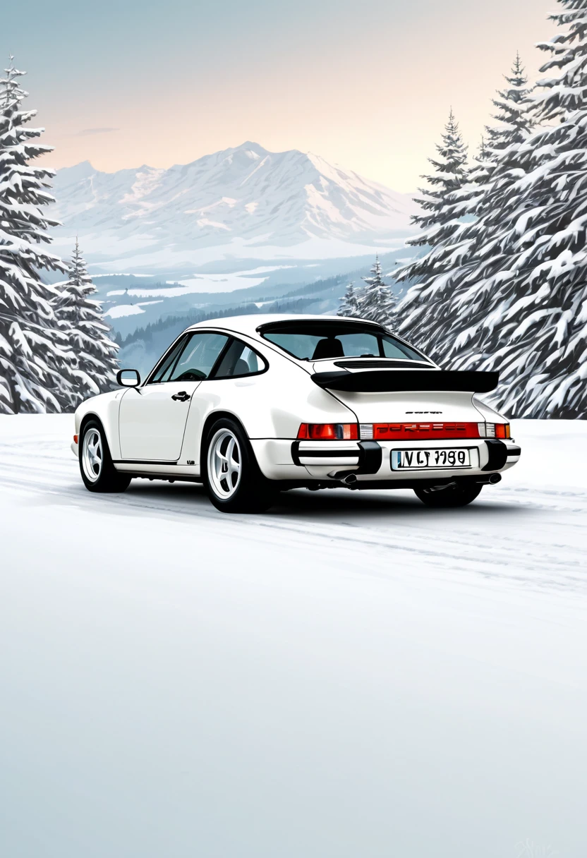 Magnifique Porsche 911 Carrera 3, blanche, 1990, vue de derrière, stylized digital illustration, very detailed digital illustration, Retro style art, detailed vector art, vintage illustration, realistic, 4k, fond de montagne enneigé