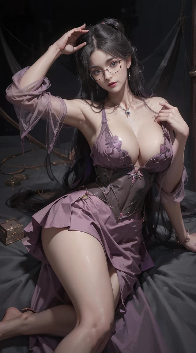 Dark style、Succubus、Devil's Daughter、Bat Wings,(((Demon Hornlack-rimmed round glasses))))、(((Colossal tits)))、(Devil's Tail),(Woman lying on bed)1 girl, Silver hair, striated hair, Bangs, Blunt bangs, Long hair, Pink hair, aqua eyes, longeyelashes, Purple eyes, makeup, Smile, Parted lips, Realism, Verism, surrealism, depth of fields, One-person viewpoint, retinas, masutepiece, ccurate, Anatomically correct, Textured skin,(Coarse short sweater)Floats off the shoulders、off shoulderlack tight skirt((Full Body Angle))、stick out buttocks)、(shapely breasts,)、((sexypose)))、(camel's toe), tongue、Vaginal orchids、Runny Vaginal Discharge、Blowing tide、Very beautiful breasts、Grasp your breasts with both hands、sexual excitement、 Expressions、shinny skin。realisitic、(Kpop Idol)、Medium Hair、(Pink blush)、(illuminating)、(solo)、dynamicposes、((erectile nipple))、(Puffy eyes:1.2)、 (Slim legs)、erotick
