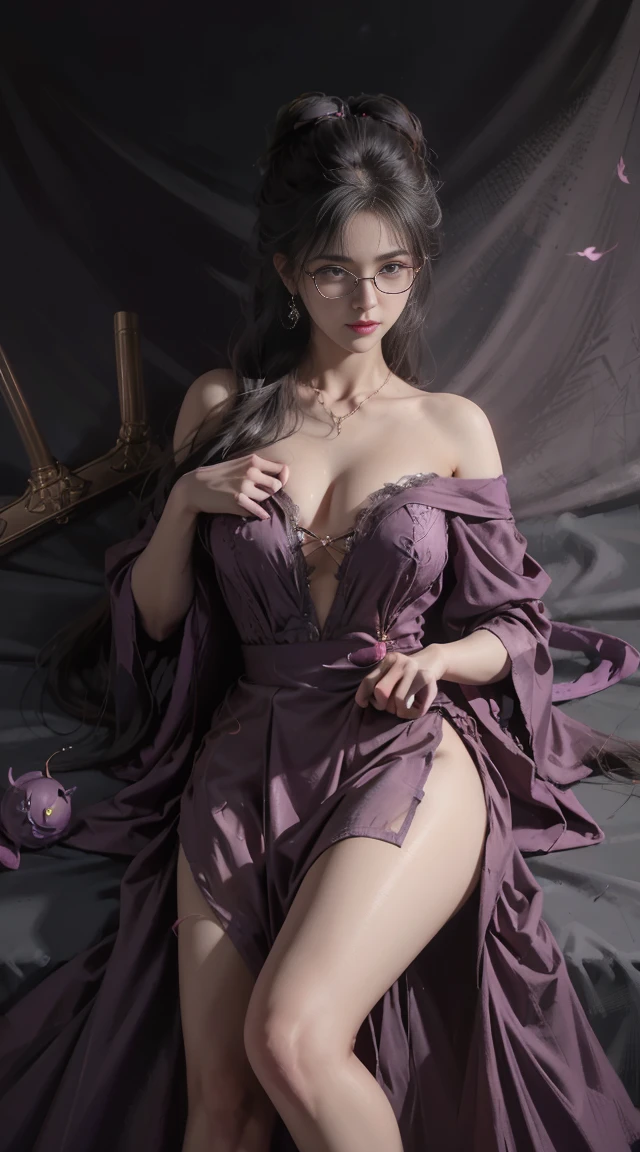 Dark style、Succubus、Devil's Daughter、Bat Wings,(((Demon Hornlack-rimmed round glasses))))、(((Colossal tits)))、(Devil's Tail),(Woman lying on bed)1 girl, Silver hair, striated hair, Bangs, Blunt bangs, Long hair, Pink hair, aqua eyes, longeyelashes, Purple eyes, makeup, Smile, Parted lips, Realism, Verism, surrealism, depth of fields, One-person viewpoint, retinas, masutepiece, ccurate, Anatomically correct, Textured skin,(Coarse short sweater)Floats off the shoulders、off shoulderlack tight skirt((Full Body Angle))、stick out buttocks)、(shapely breasts,)、((sexypose)))、(camel's toe), tongue、Vaginal orchids、Runny Vaginal Discharge、Blowing tide、Very beautiful breasts、Grasp your breasts with both hands、sexual excitement、 Expressions、shinny skin。realisitic、(Kpop Idol)、Medium Hair、(Pink blush)、(illuminating)、(solo)、dynamicposes、((erectile nipple))、(Puffy eyes:1.2)、 (Slim legs)、erotick