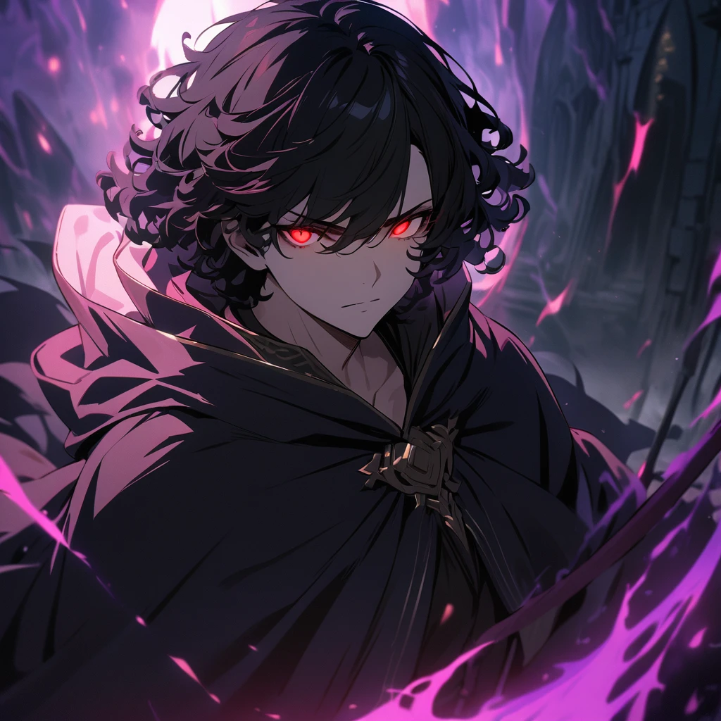 a handsome man with short black hair, curly hair, red eyes, dark aura surrounding him, 4k, masterpiece, cloak, glowing eyes, short hair, using scythe