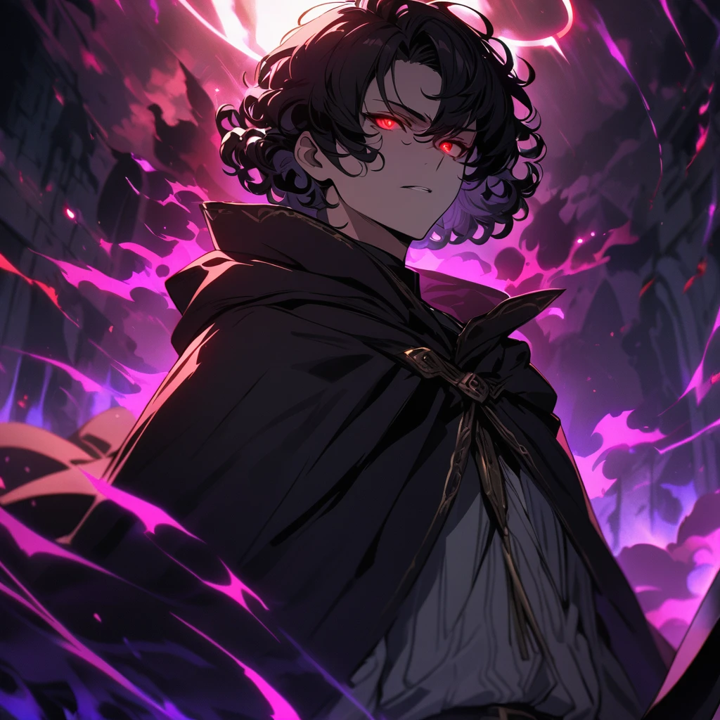 a handsome man with short black hair, curly hair, red eyes, dark aura surrounding him, 4k, masterpiece, cloak, glowing eyes, short hair, using scythe