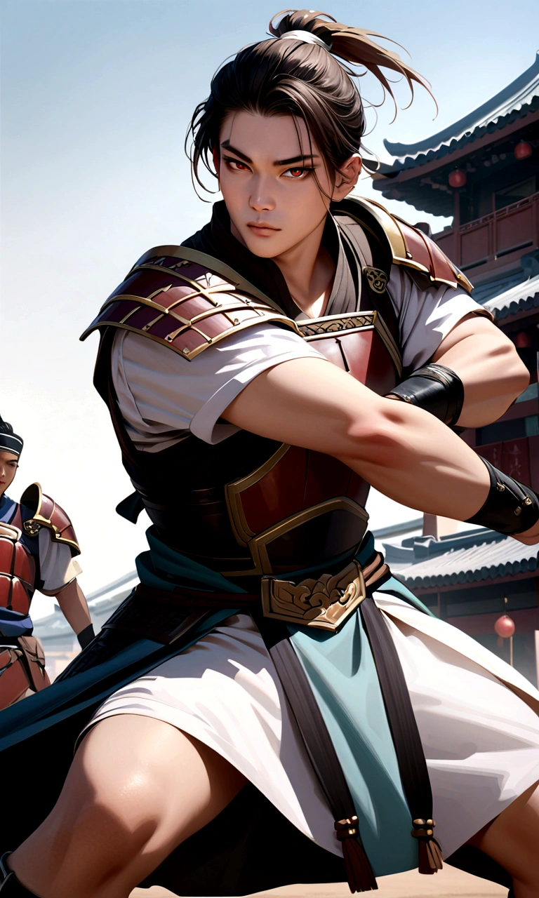 25 year old Chinese man,middle aged man,realistic,chinese_Armor,alone,Background of ancient chinese cities,detailed_eye,shoulder_Armor, pitching,(검은 eye),looking at viewer,(masterpiece:1.2), (best quality:1.2), perfect eye, perfect face, perfect lighting, (8K),(complete anatomy), Nee Shot