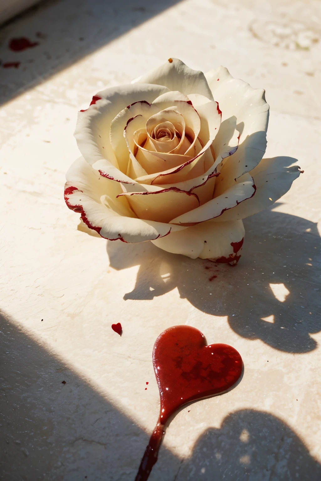 A white rose stained with blood with heart-shaped shadow