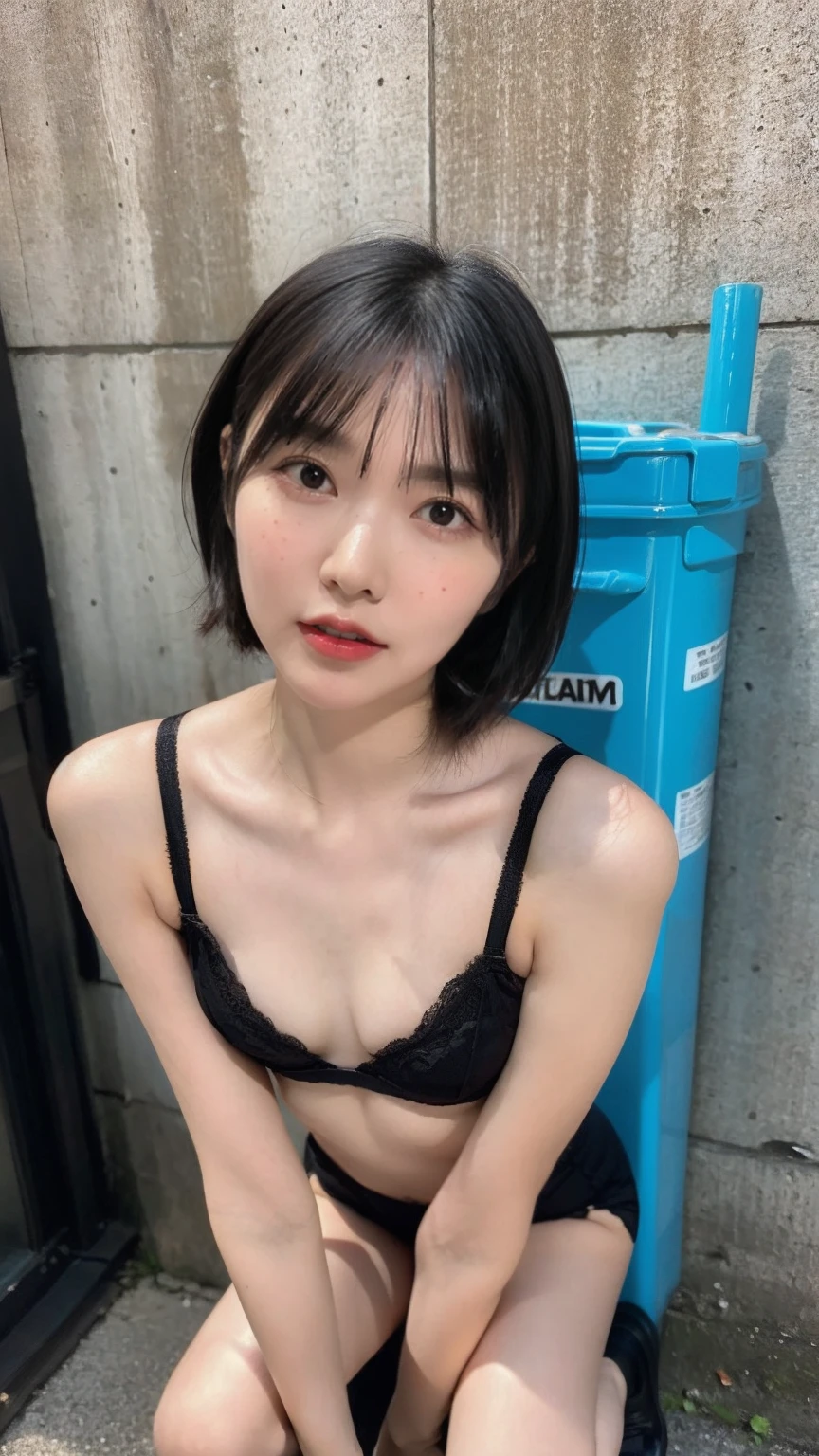 RAW Photos, 8K, (Highest quality), Realistic, (live-action, Intricate details), (Natural skin texture, Detailed skin, Hyperrealism), (((Flat Chest:1.5))), (night、Japanese  girl squatting in a dirty back alley, graffitied wall:1.3, Hands on my head, Exposed armpits), ((Black Lace Bra, Black string bread)), (Black leather collar), (Pale skin), ((Gray Hair, short hair, Short bangs)), (Fascinating face, Provocative look, Part your lips:1.3), thigh, graffiti:1.5, trash can, night間, Spot lighting:1.3, Full Body Shot、Short Bob、Shortcuts、Big Boobs、Erect nipples、