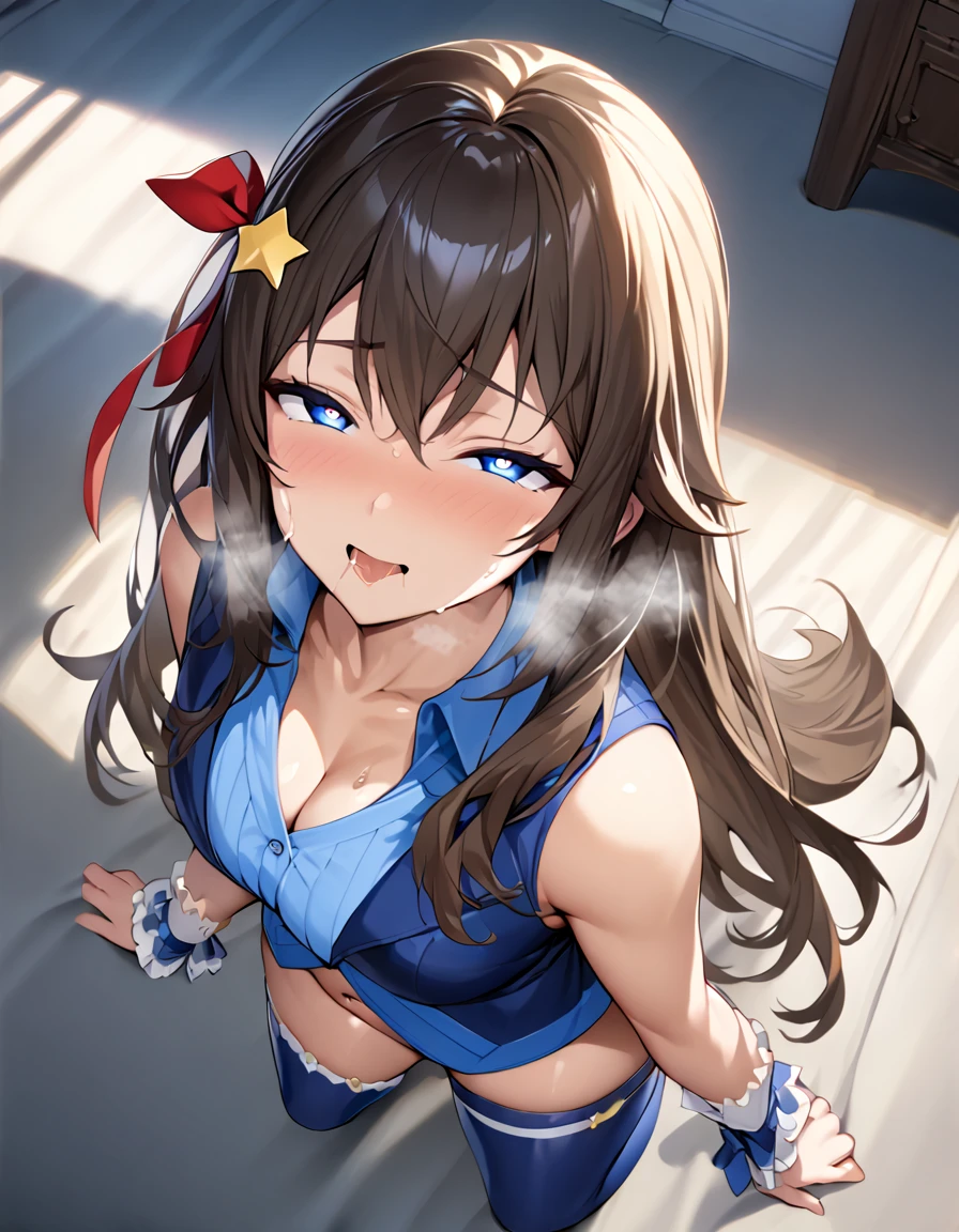 SoraBase, long hair, star hair ornament, hair ribbon, blue eyes, blue vest, sleeveless shirt, red ribbon, navel, wrist cuffs, blue skirt, blue thighhighs, thigh ribbon, waist cape,(masterpiece),(best quality),(ultra-detailed),(best illustration),(best shadow),(absurdres),(detailed background),(very aesthetic),1girl,dim lightning,in bedroom,orgasm,horny,looking at viewer,in heat,,heavy breath,shiny skin,sweat,,,aged up,ohogao, teary-eyed, drool, half-closed eyes, , ,drooling,portrait,face focus,close up face,saliva trail,front view,looking at viewer,heart_shaped_pupils,cleavage,(after kiss),from above,chin grab,pov,holding chin,1boy,wide hip,look up,happy,all fours,,full_body,legs,hip,back,spines,hip,1boy,boys arm,boys hand,