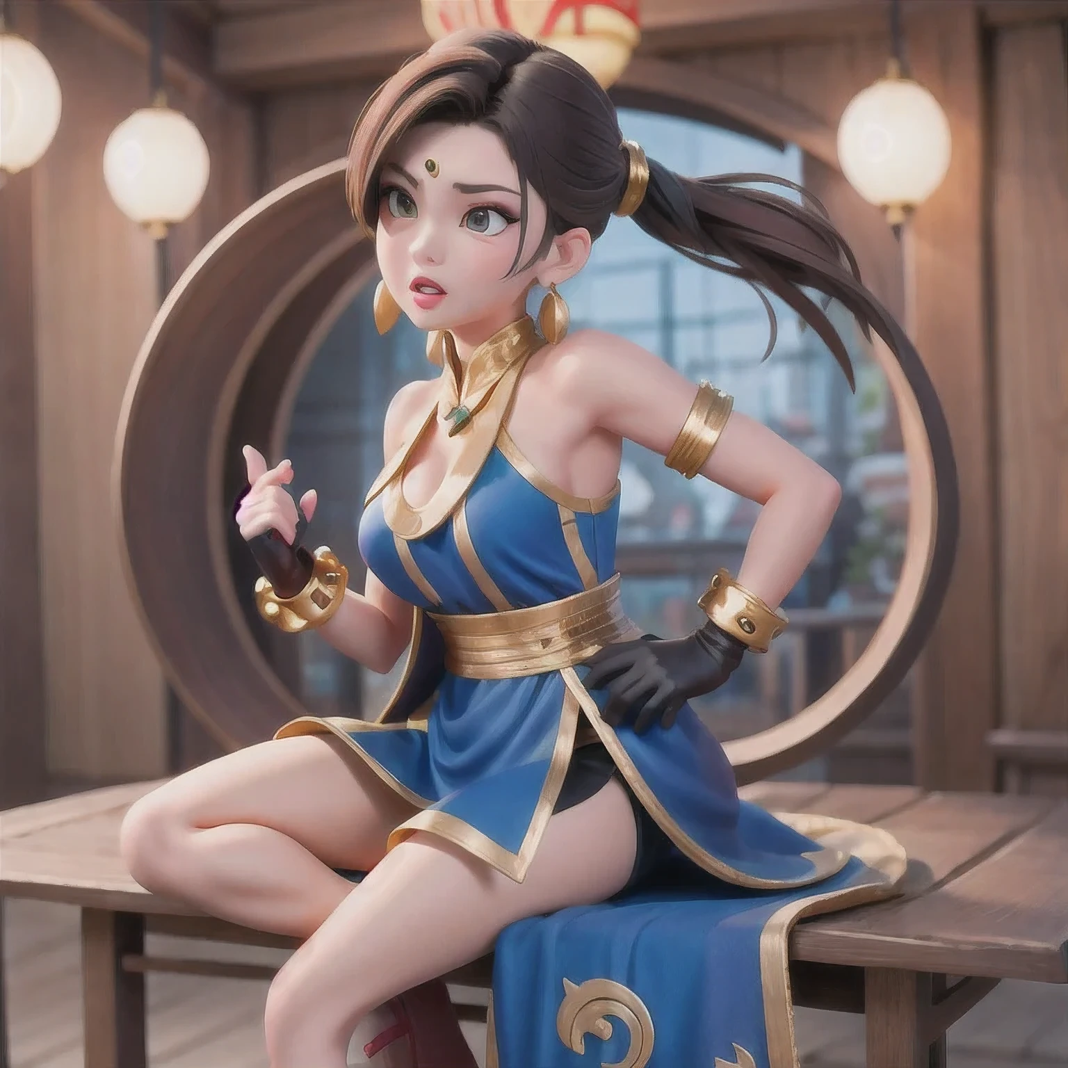 photoshoot
1girl
alternate costume（（Colorful silk clothes））
bare shoulders
black hair
blurry
bracelet
braid
﻿
brown hair
chinese clothes
chun-li
dress
earrings
（（（fighting stance）））
﻿
fingerless gloves
gloves
jewelry
lips
lipstick
long hair
makeup
medium breasts
nose
parted lips
sitting
sleeveless
solo