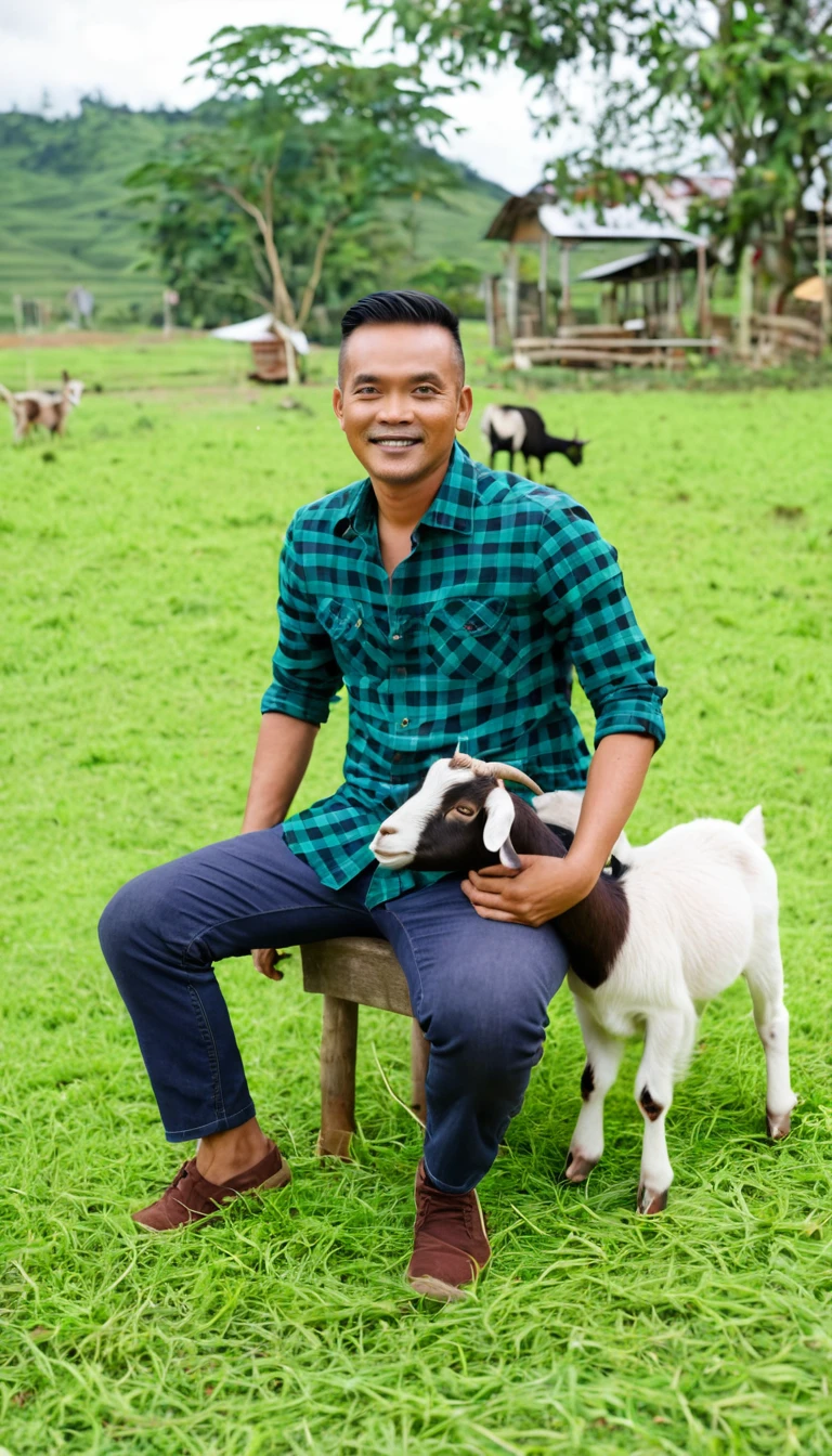 full body shot of indonesian man 38 yo, clean face brown skin tone, little bit skinny, wear flannel shirt, sitting at green grass farm with cute  goats, little goat playing on his shoulder 