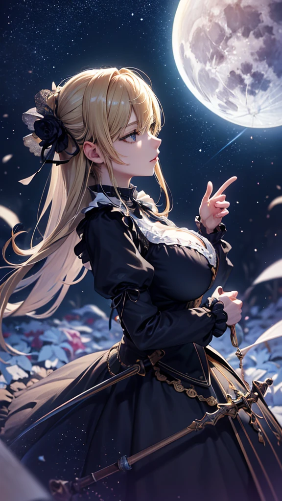 masterpiece, high quality, 4K, Beautiful design, silhouette，blonde， 非常に詳細な夜のStarry Sky,Flower Field， wonderful, Finer details,  Very knowledgeable woman, Highly detailed solo, 1 female,Big Breasts，Gothic Lolita Fashion，Night view，Starry Sky，full moon，
