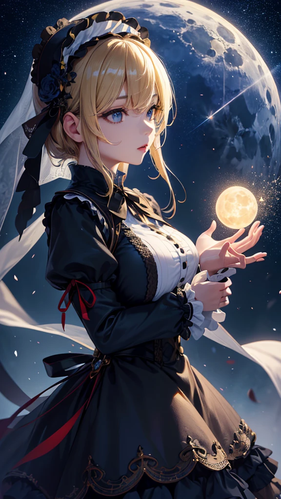 masterpiece, high quality, 4K, Beautiful design, silhouette，blonde， 非常に詳細な夜のStarry Sky,Flower Field， wonderful, Finer details,  Very knowledgeable woman, Highly detailed solo, 1 female,Big Breasts，Gothic ta Fashion，Night view，Starry Sky，full moon，