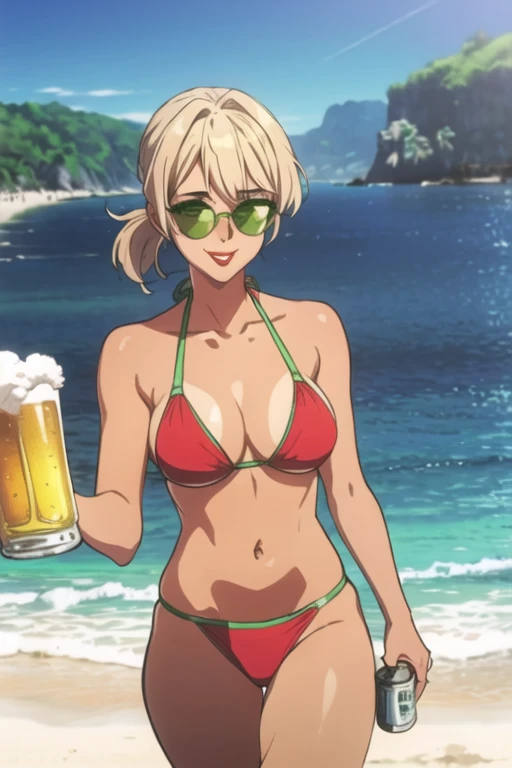 violet evergarden style, outdoors, beach, detailed background, 1girl, solo, sexy, 36-years-old, tan olive skin, short blonde hair, pony tail style, emerald eyes, eyeshadow, mascara, red lipstick, ((Wearing a flossing green bikini and sunglasses)), she’s looking at the camera with a calm smile, walking, ((holding a beer can in one hand)), ((masterpiece))
