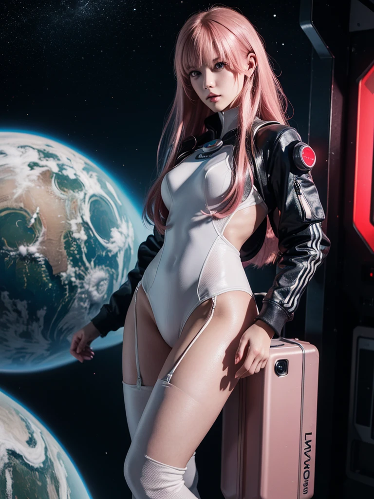 masterpiece, best quality, (detailed background), (beautiful detailed face, beautiful detailed eyes), highres, ultra detailed, masterpiece, best quality, detailed eyes, full body, 1_girl, cyberpunk scene, standing dynamic pose, long pink hair, slender figure, slender legs, slender hips. Her tight space suit shows off her figure, while her small breasts and large moon boots give her a unique and diverse look. With her big space helmet and jet pack, she is the epitome of a fearless space explorer.
