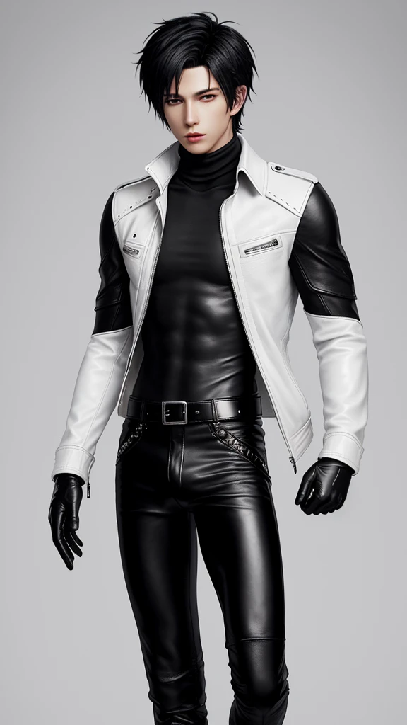 Final fantasy taste and reality graphics, Japanese young cute and cool ikemen boy, his age is early 20s, thin eyebrows and beady eyes, he wearing off white color leather thick singlebrest biker jacket, with epaulet, jacket zipped up, jacket is biker style, , jacket collar is high length stand-up collar with belts, jacket is a little black line pattern,close the front of the jacket, also wearing black thick turtleneck lackluster shirts, tight black leather pants, shiny black leather tight and thin glove, black leather knee-high raceup boots,views head-to-toe,views whole body, boy looks like fashion model,Do not show skin from the neck down,leather jacket leather glove and leather pants have few wrinkles,boy in the room,