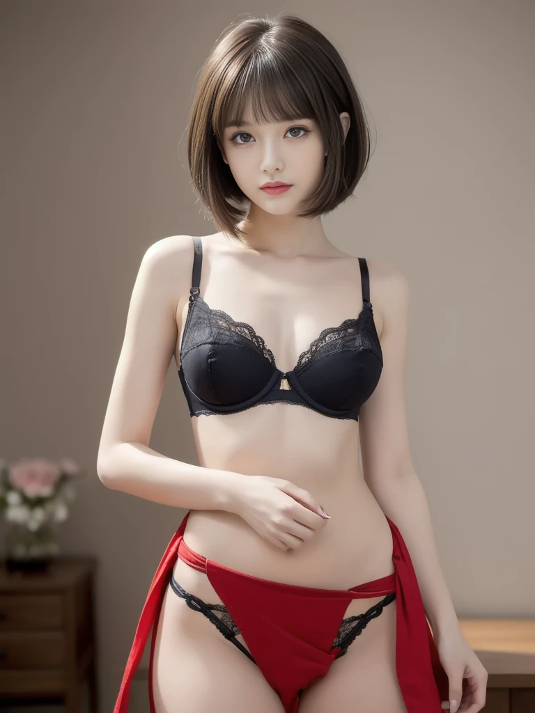 (((masterpiece, highest quality, Super detailed))), 1 female, (((very thin body))) , (((length, thin legs))), (((short black bob, thick puffy bangs ))), (((highly detailed face))), cosmetics free, small thin nose, small thin mouth, (((Very sharp focused eyes))), Large slit precision pale grey eyes, shine like a jewel, length eyelashes, realistic, erotic pose,acrobatic pose, (shot from below), (intricate details, exaggerated details, ultra high resolution), self-portrait, (1 girl, beautiful, delicate face, innocent, Fair skin, ), ((Bra,red loincloth), small waist, (wide thigh gap):1.2, (wide thighs):1.2, (masterpiece),color photo,