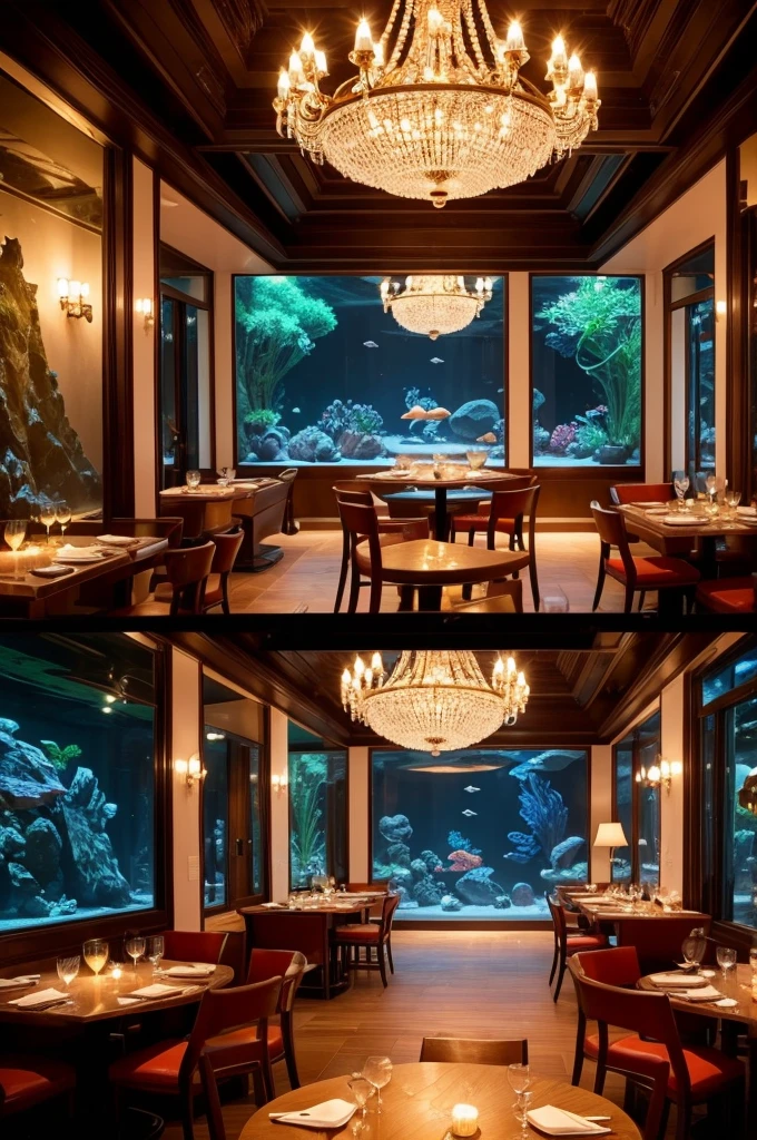 Make a rich restaurant, with an exotic touch, candle lights with chic tables and around a ceiling-high aquarium with several beautiful fish