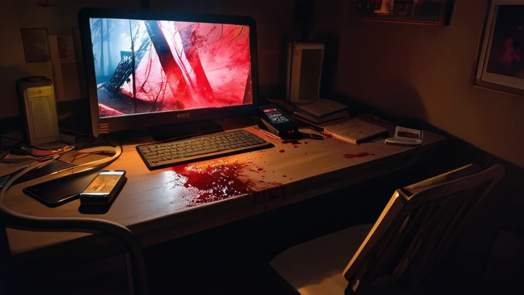 In the dim darkness of night, a cellphone rests ominously on the desk, a disturbing scene unfolds as blood stains mar its surface. The screen displays an incoming call from "ME," devoid of any contact photo, adding to the eerie atmosphere. The room is silent, save for the faint glow of the screen casting an unsettling light on the surrounding area, vivid, horor, thriller, HDR.