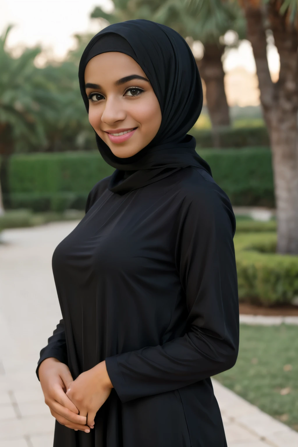 (Cute  glamour model), gorgeous teenony skinned arab, head and shoulders focus, youthful, young, teen, teer, (lng at the camera), outdoor lighting, huge breasts, hijab, thin, skinny, dainty, delicate, no bra, black abaya dress