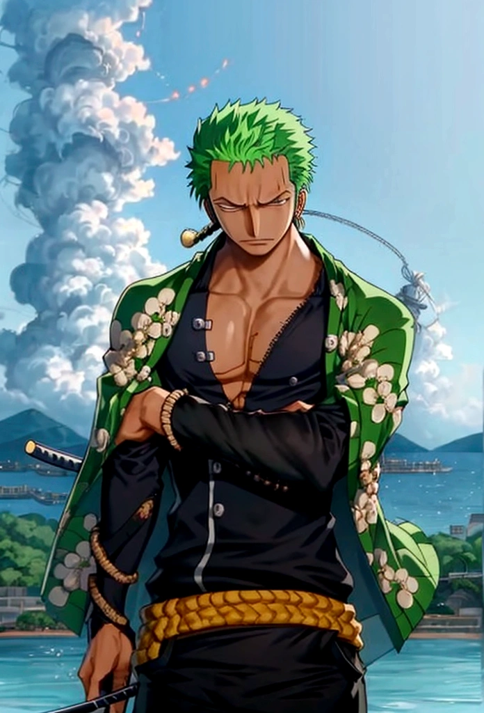 rORONOA Zoro DO ANIME "(one piece",) alone, View the viewer, short hair, Long sleeve, First grader, Green Pirate Suit Jacket, Upper Body, arms, Male focus, kimono, Golden Hair, What's, Wave, Landscape, Scar on left eye, sheath, Facial scars, Emsheathdos, (Slicked back hair)