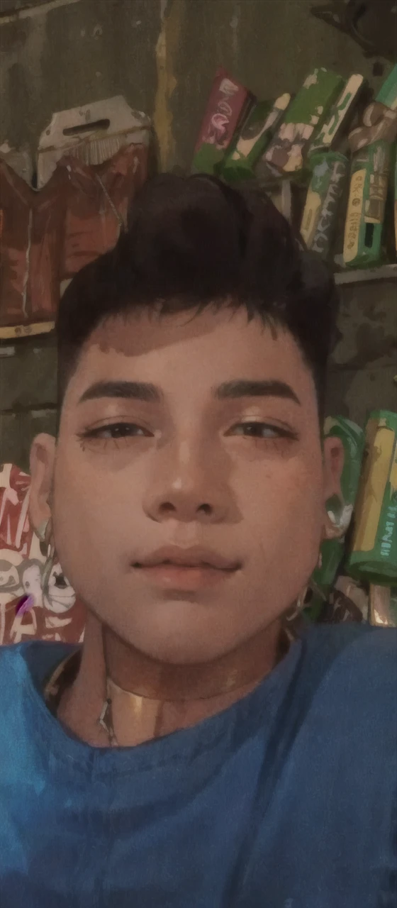 (masterpiece:1.2, best quality), (1lady, solo, upper body:1.2), Hair: buzz cut, Clothing: oversized, distressed denim jacket with patches and pins, paired with black skinny jeans and combat boots, Accessories: silver hoop earrings and a black choker necklace, Hanging out in an underground music venue or street art exhibit