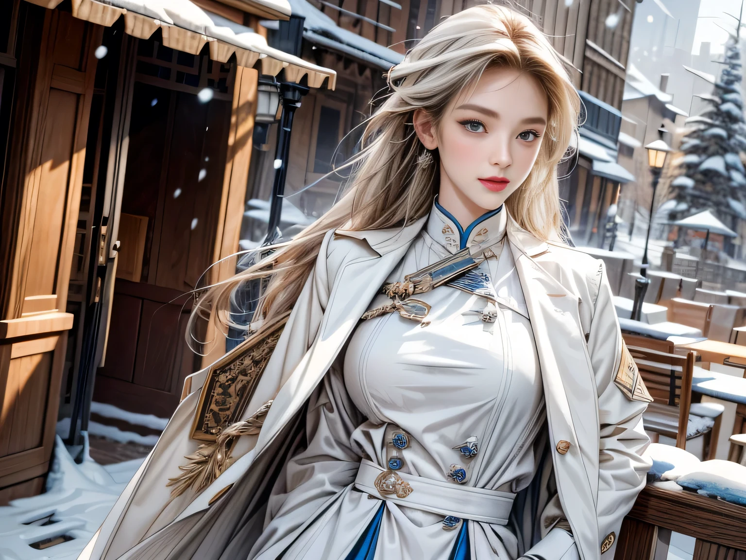 (highest resolution, distinct_image), realistic, Best quality, single person, one girl, solo, masterpiece, highly detailed, realistic, long hair, braided white blond hair, (blue military uniform underneath the coat), depth of field, outdoor background, (falling snow), ((big breasts)), authoritative, dignified, calm and powerful expression, ambient lighting, exquisite facial feature, (fur-trimmed white coat), open coat, short skirt, looking at viewer, head to waist, ((at a terrace)), dynamic angle, light smile, detailed background, ((from front))